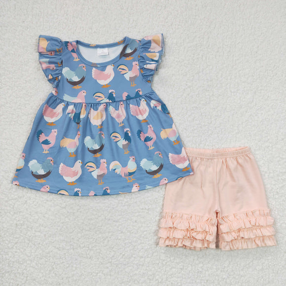 Chicken Blue Pink Girls Shorts Sets