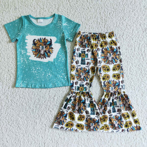 Sunflower Cow Cross Girls Short Sleeve+Trousers Sets