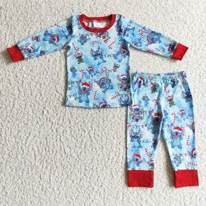 Promotional Cartoon Characters Red Ruffles Blue Boys Christmas Pajamas