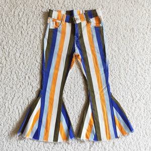 Blue White Orange Stripes Flared Girls Jeans Pants