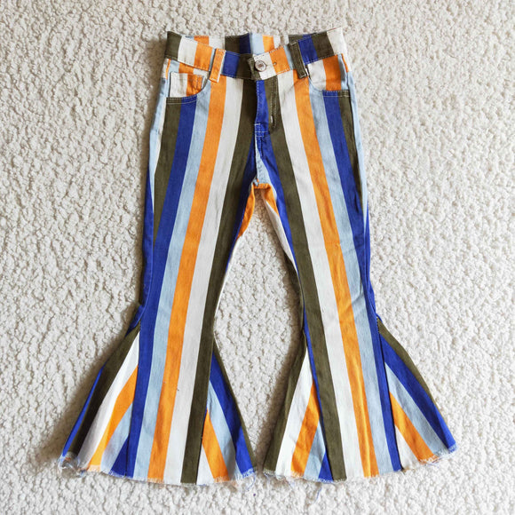 Blue White Orange Stripes Flared Girls Jeans Pants