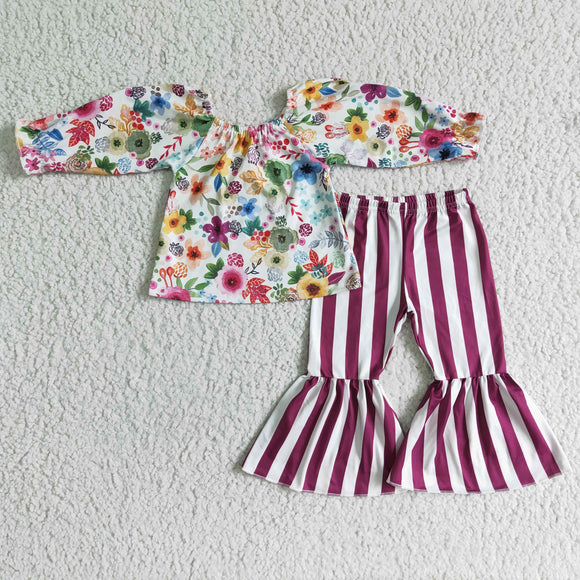 Promotional Floral Red White Stripes Girls Long Sleeve+Trousers Sets