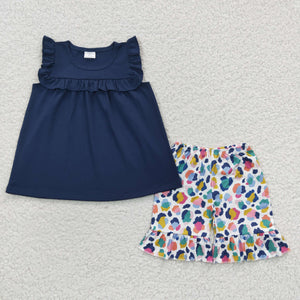 Navy Ruffles Leopard Print Girls Shorts Sets