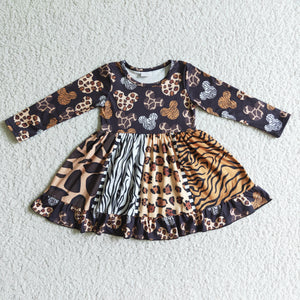 Cartoon Black Brown Leopard Patchwork Girls Long Sleeve Dress