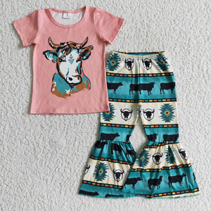 Promotional Cow Aztec Pink Girls Short Sleeve+Trousers Sets