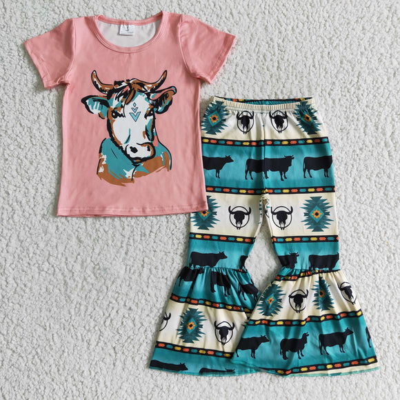 Promotional Cow Aztec Pink Girls Short Sleeve+Trousers Sets