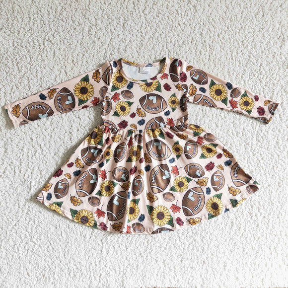 Football Sunflower Beige Girls Long Sleeve Dress