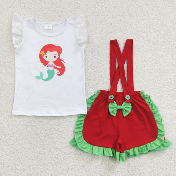 Cartoon Princess Red Suspender Girls Shorts Sets