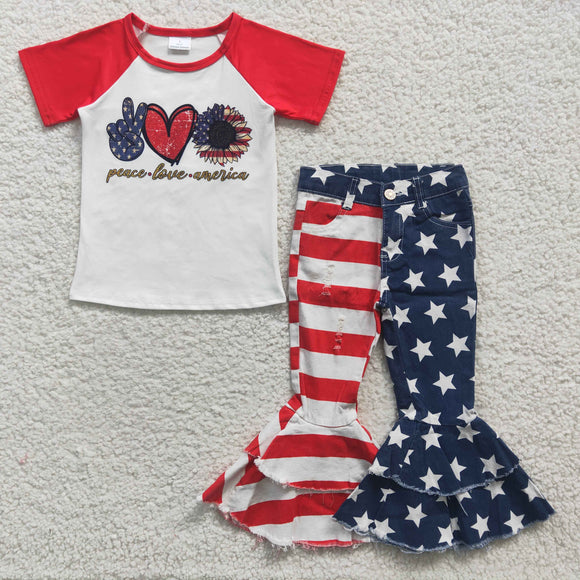 Peace Love Raglan Stars Patchwork Jeans Girls 4th of July Outfits