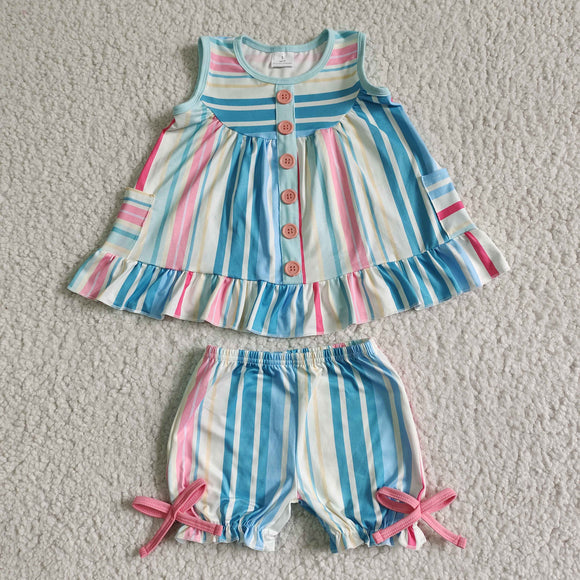 Promotional Pockets Pink Blue Stripes Bow Girls Shorts Sets