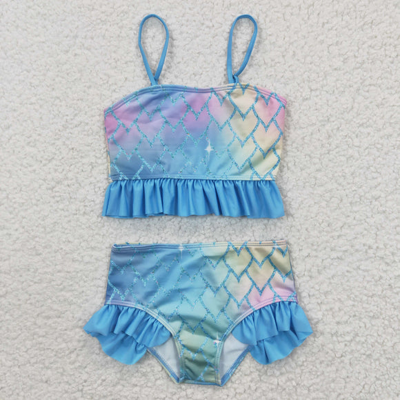 Scale Sky Blue Girls Swimsuits