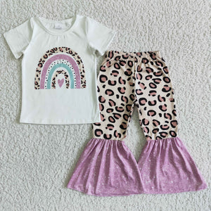 Promotional Rainbow Leopard Print Girls Short Sleeve+Trousers Sets