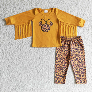 Cartoon Orange Tassels Leopard Print Legging Girls Long Sleeve+Trousers Sets