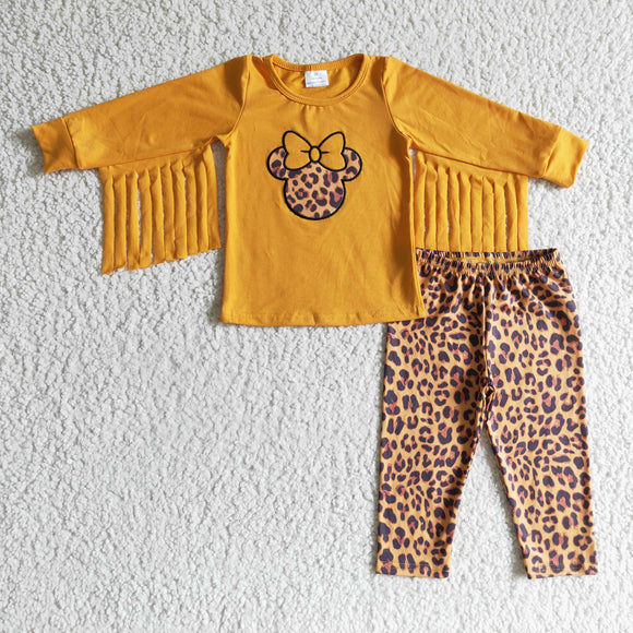 Cartoon Orange Tassels Leopard Print Legging Girls Long Sleeve+Trousers Sets
