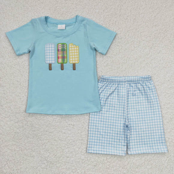 Popsicle Embroidery Plaid Sky Blue Boys Shorts Sets