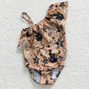 Stars Cactus Highland Cow Khaki Girls Swimsuits