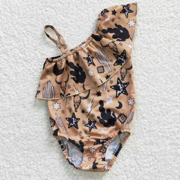 Stars Cactus Highland Cow Khaki Girls Swimsuits
