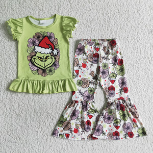 Cartoon Floral Green Ruffles Girls Christmas Outfits