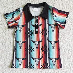 Highland Cow Aztec Polo Boys Short Sleeve Top