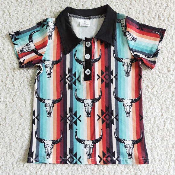Highland Cow Aztec Polo Boys Short Sleeve Top