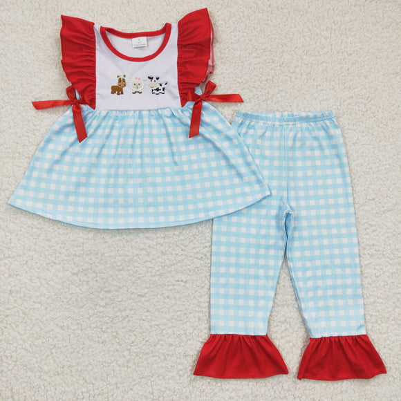 Horse Sheep Cow Blue Plaid Red Bow Girls Short Sleeve+Trousers Sets