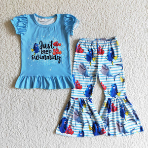 Promotional Just keep swimming Cartoon Fish Blue Girls Short Sleeve+Trousers Sets