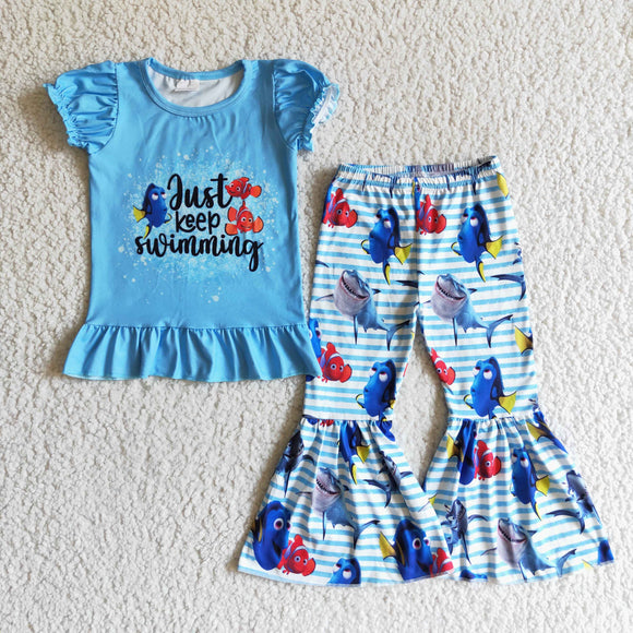 Promotional Just keep swimming Cartoon Fish Blue Girls Short Sleeve+Trousers Sets