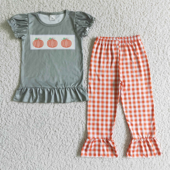 Three Pumpkins Green Orange Plaid Girls Short Sleeve+Trousers Sets