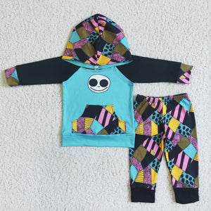Promotional Patchwork Black Blue Hoodie Sets Boys Halloween Outfits