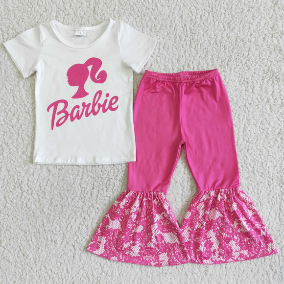 Cartoon DollsLetters White Hot Pink Girls Short Sleeve+Trousers Sets