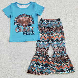 Crazy Heifer Aztec Sky Blue Girls Short Sleeve+Trousers Sets