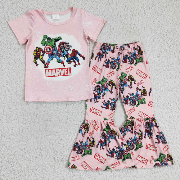 Cartoon Hero Pink Girls Short Sleeve+Trousers Sets