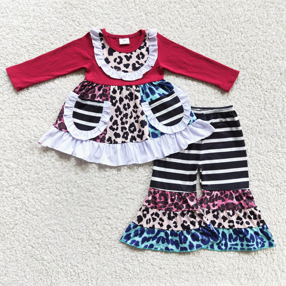 Promotional Pockets Black Stripes Girls Long Sleeve+Trousers Sets