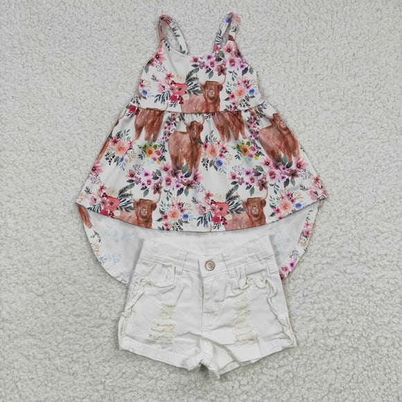 Highland Cow Floral Distressed White Jeans Girls Shorts Sets