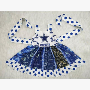 Cowboys Football Team Blue Polka Dots Girls Patchwork Dress