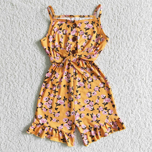 Mustard Floral Belt Girls Jumpsuit