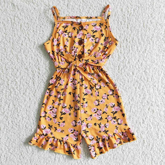 Mustard Floral Belt Girls Jumpsuit