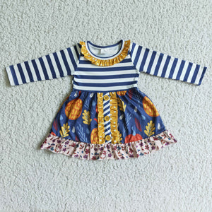Promotional Pumpkin Blue Stripes Girls Long Sleeve Dress