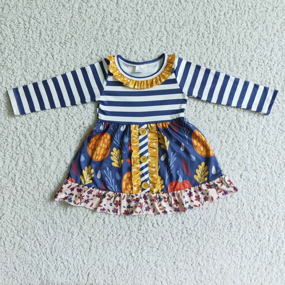 Promotional Pumpkin Blue Stripes Girls Long Sleeve Dress