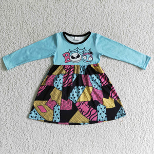 Boo Cartoon Blue Patchwork Girls Halloween Dress