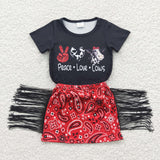 Promotional Peace Love Cows Black Tassels Girls Skirt Sets