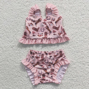 Horse Boots Floral Pink Girls Swimsuits