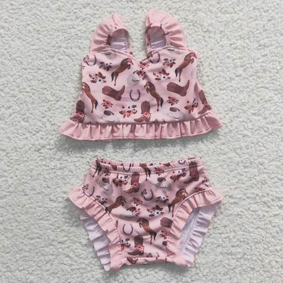 Horse Boots Floral Pink Girls Swimsuits