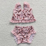 Horse Boots Floral Pink Girls Swimsuits