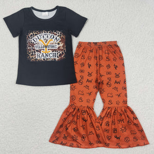 Cowboy Film Aztec Black Orange Girls Short Sleeve+Trousers Sets