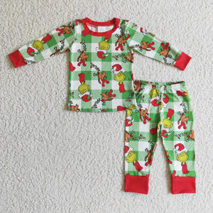 Cartoon Dog Green White Plaid Boys Christmas Pajamas