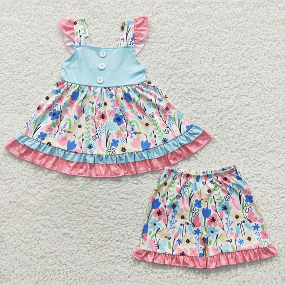 Floral Pink Ruffles Sky Blue Girls Shorts Sets