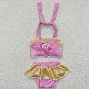 Cartoon Polka Dots Yellow Plaid Pink Girls Swimsuits