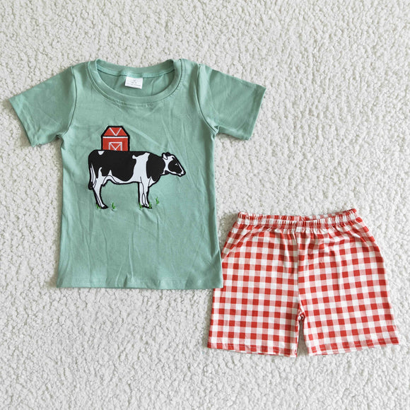 Red House Cow Embroidery Plaid Boys Shorts Sets