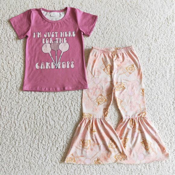 Promotional Cake Pops Letters Pink Purple Girls Short Sleeve+Trousers Sets
